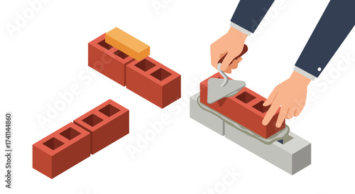 Isometric construction process: laying bricks with mortar in detailed 3d style