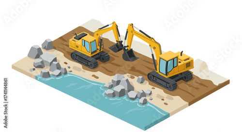 Isometric excavators working on riverbank construction site