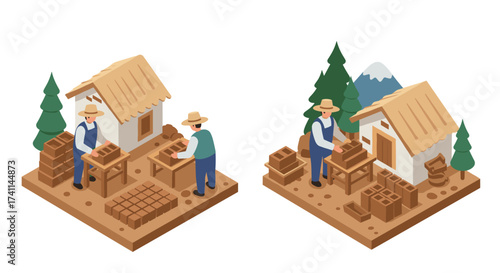 Isometric craftsman building house in rural setting with trees and mountains