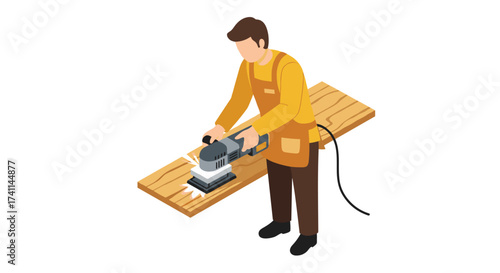 Carpenter sanding wood plank with electric sander in isometric style