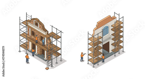 Historical building restoration with scaffolding and construction workers in isometric style