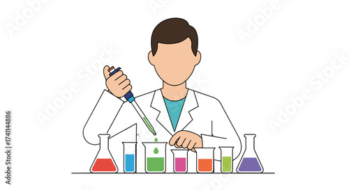 An illustration depicts a scientist in a lab coat using a pipette to conduct an experiment with colorful solutions in beakers and flasks, representing scientific research.
