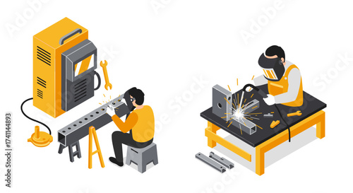 Industrial workshop scene featuring workers welding and using machinery in isometric style