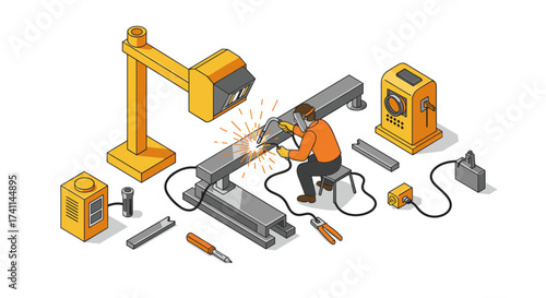 Isometric industrial scene: worker welding metal with modern tools