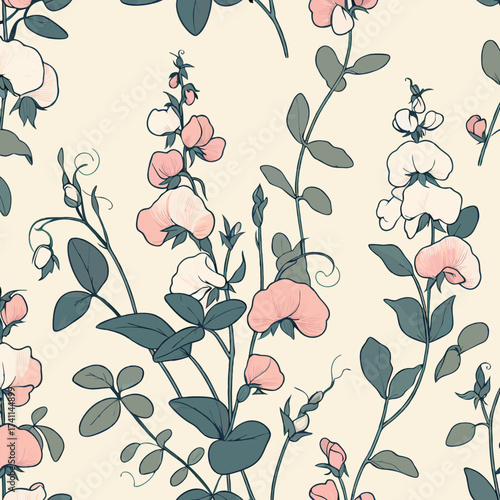 Elegant Floral Pattern Featuring Pink and White Sweet Pea Flowers.