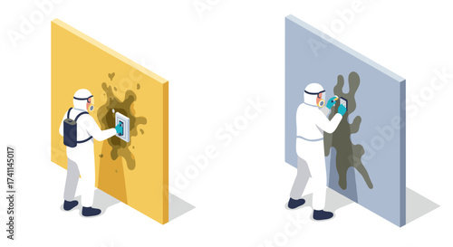 Isometric hazardous waste cleanup: workers in protective gear removing toxic spills from walls