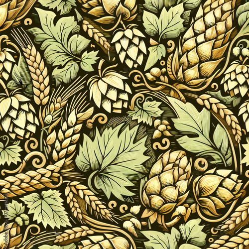 Intricate golden hops and barley botanical seamless pattern with green leaves vintage illustration style.