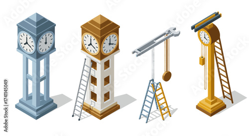 Vintage clock towers with tools in isometric style for timekeeping themes