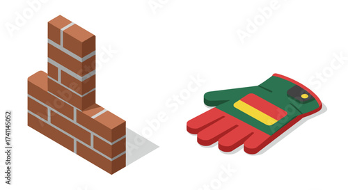 Isometric brick wall and glove illustration for construction concepts