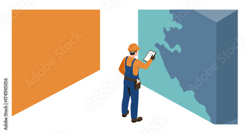 Construction worker analyzing wall blueprint in isometric design