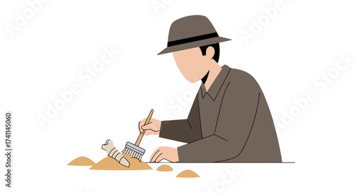 An illustrated archaeologist meticulously brushes away sand to uncover a fossilized bone, symbolizing discovery and exploration in a minimalist flat design style.