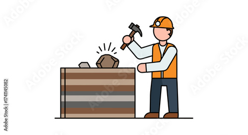 An illustrated miner in a hard hat, vest, and work clothes uses a hammer to break a rock on a layered wooden table, representing the mining industry.