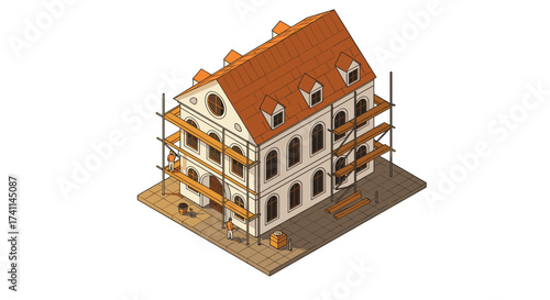 Isometric renovation of historic building with scaffolding and construction workers