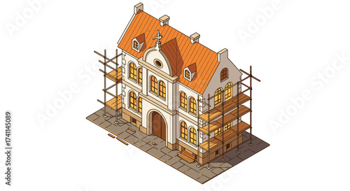 Isometric historic house with scaffolding for renovation