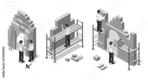 Team building brick wall in isometric style: construction workers and architecture process