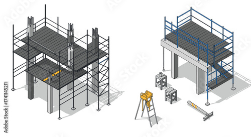 Isometric construction scene with scaffolding and building framework