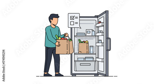 A person is putting groceries into a refrigerator, showcasing a healthy lifestyle and the concept of food storage in a modern kitchen environment with a clean, minimalist style.