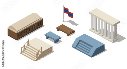 Isometric armenian cultural landmarks with flag highlighting iconic structures