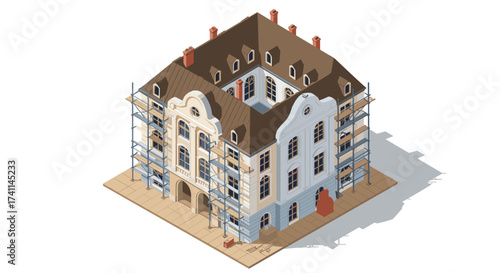 Isometric historic building renovation with scaffolding and architectural details