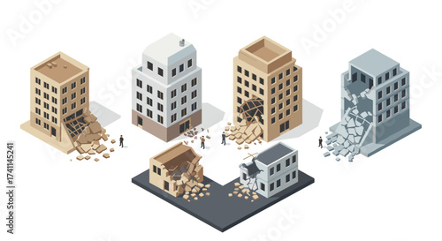 Isometric urban decay: five stages of building ruin with debris and tiny people