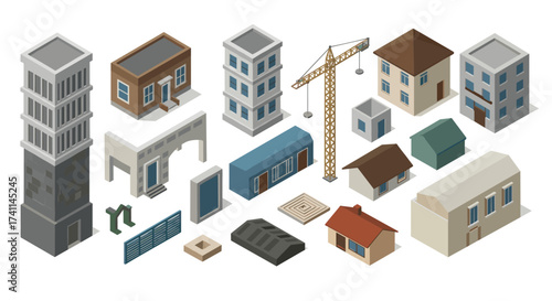 Isometric building collection featuring detailed urban and suburban architecture