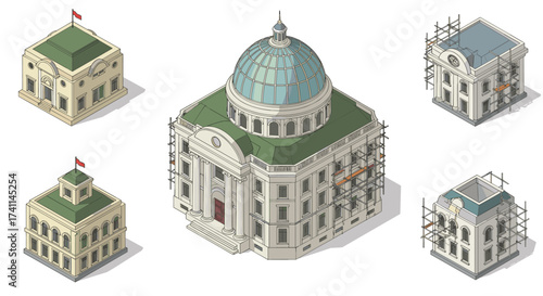 Classic government building with dome undergoing renovation and scaffolding
