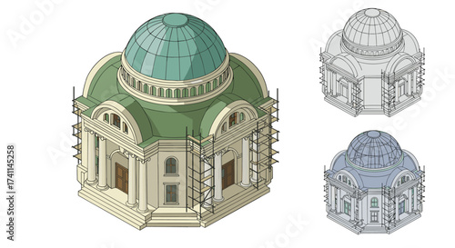 Isometric dome building: classical architecture with scaffolding in three styles