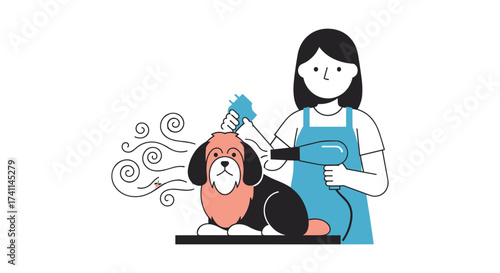 An illustrated scene depicts a woman grooming a fluffy dog with a hairdryer, showcasing pet care and professional animal styling in a clean, minimalistic style.