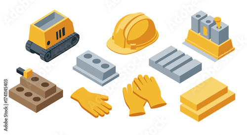 Construction equipment and safety gear in isometric style for modern architectural design