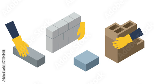 Isometric construction tools and building materials with hands