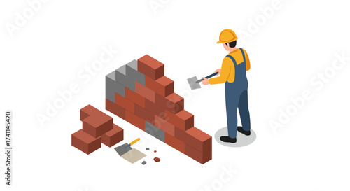 Isometric bricklayer building wall: construction worker with tools on job site