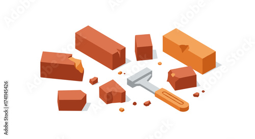 Isometric brick and hammer concept with crumbling pieces