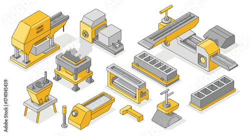 Isometric construction equipment: engaging industrial machinery in yellow and gray