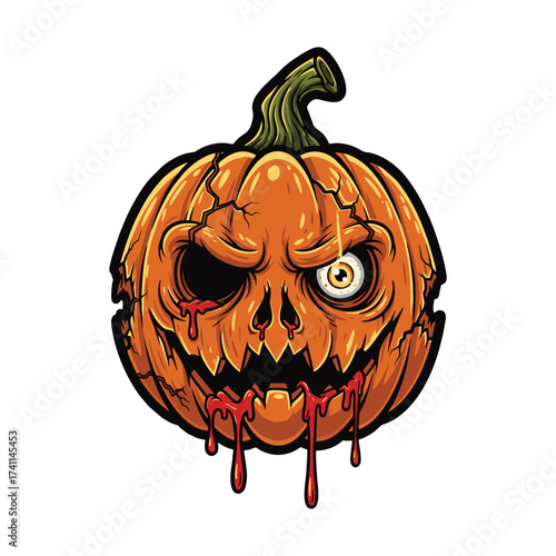 Spooky halloween pumpkin with bloody eye and evil smile