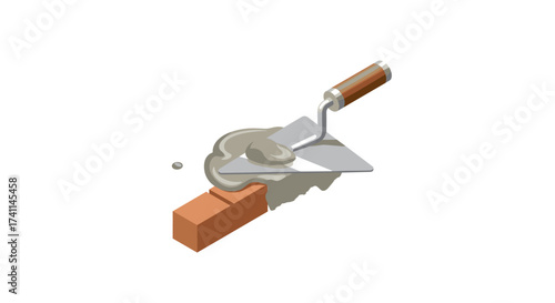 Isometric trowel with mortar on brick for construction themes