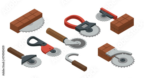 Isometric pizza cutters and brick tools set for kitchens and workshops