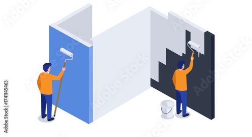 Isometric home renovation with painters using paint rollers on walls in blue and black