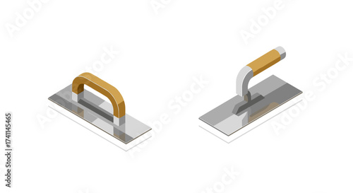 Isometric trowel tools on speckled background: construction and remodeling essentials