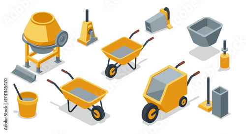 Isometric construction equipment set featuring cement mixer and wheelbarrows