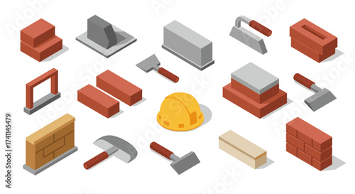 Isometric construction tools and building materials set for architectural design