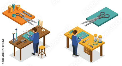 Crafting workspace in isometric style with tools and materials on wooden tables