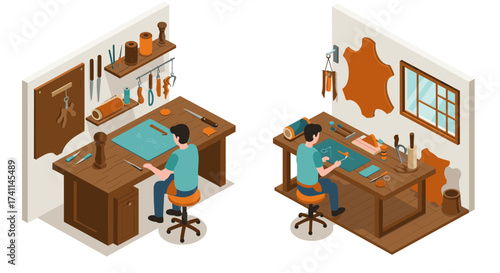 Isometric workshop scene with artisan crafting leather goods