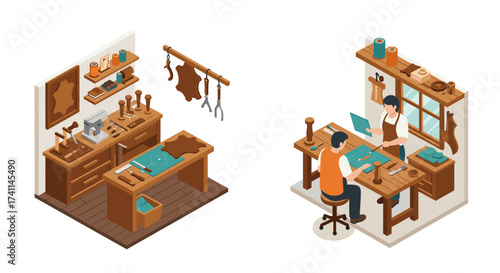 Crafting workshop with artisans working on leather goods in isometric style