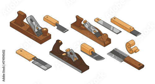 Collection of vintage woodworking tools in isometric style for craft enthusiasts