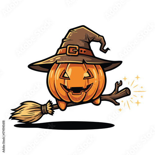 Pumpkin witch flying on a broomstick for halloween fun