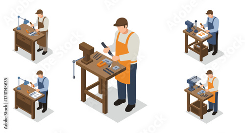 Isometric workshop scene with carpenter at workbench