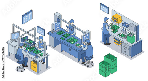 Isometric electronics assembly line with engineers working on circuit boards
