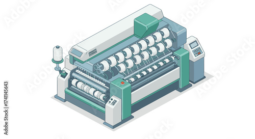 Modern textile machinery in isometric style for industrial design