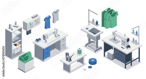 Isometric garment production setup with sewing machines and textile equipment