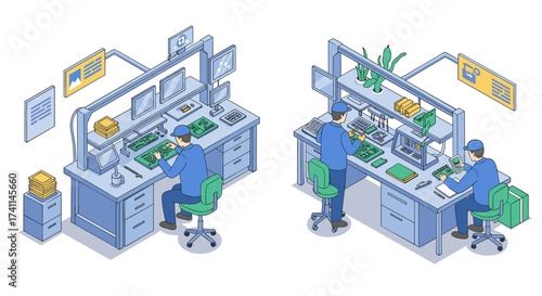 Electronics assembly process in modern isometric style with engineers at workstations